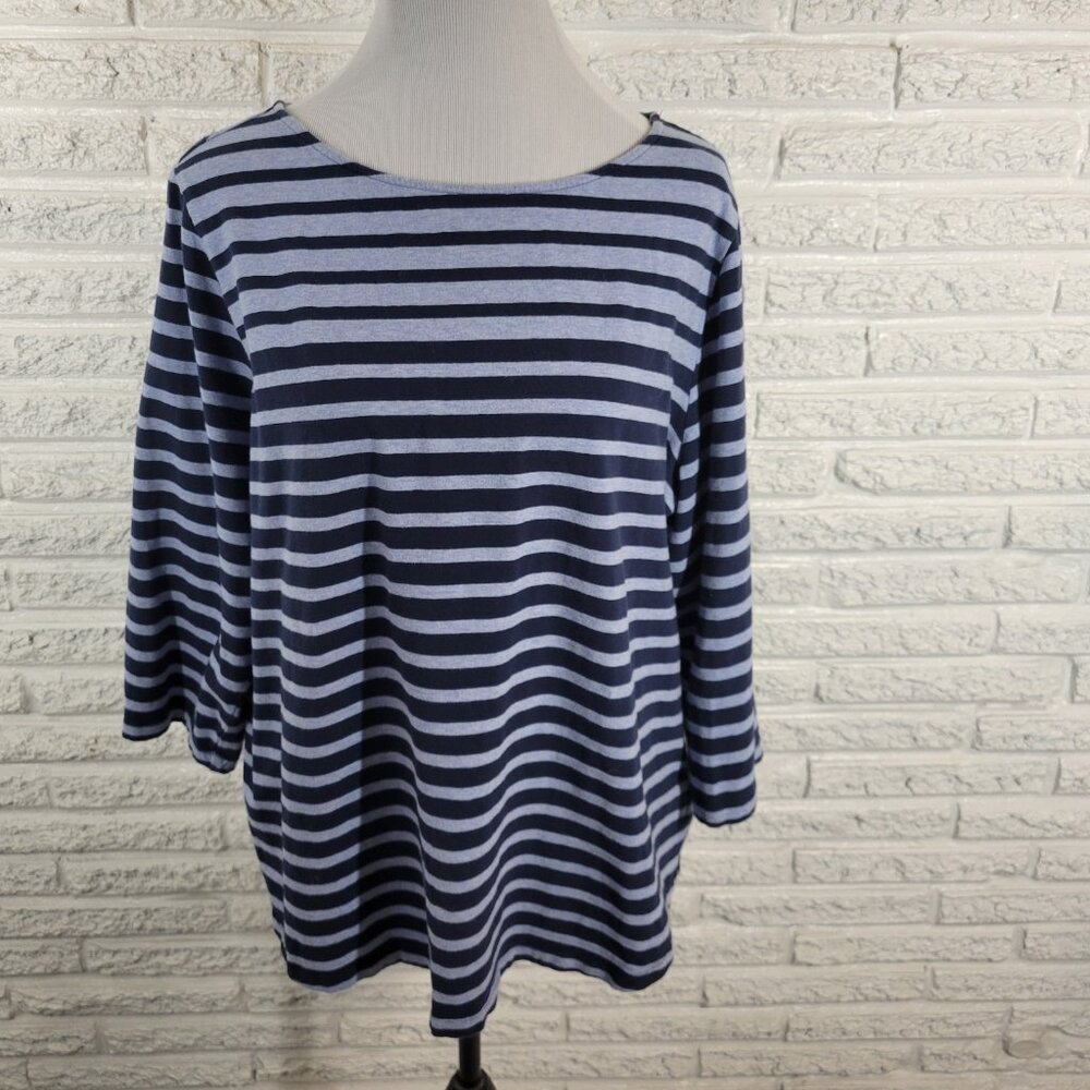 Ruby Rd Womens Top 2X Plus Tee 3/4 Sleeve Blue Stripe Cotton Blend STR169E